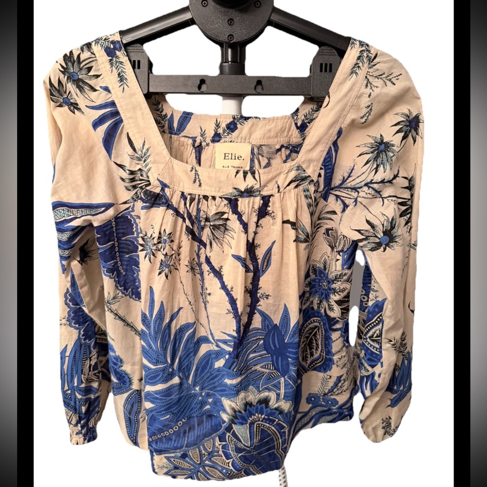 Elie Tahari Blue Cream Tropical Floral Print Peasant Blouse Elastic Neck Size M